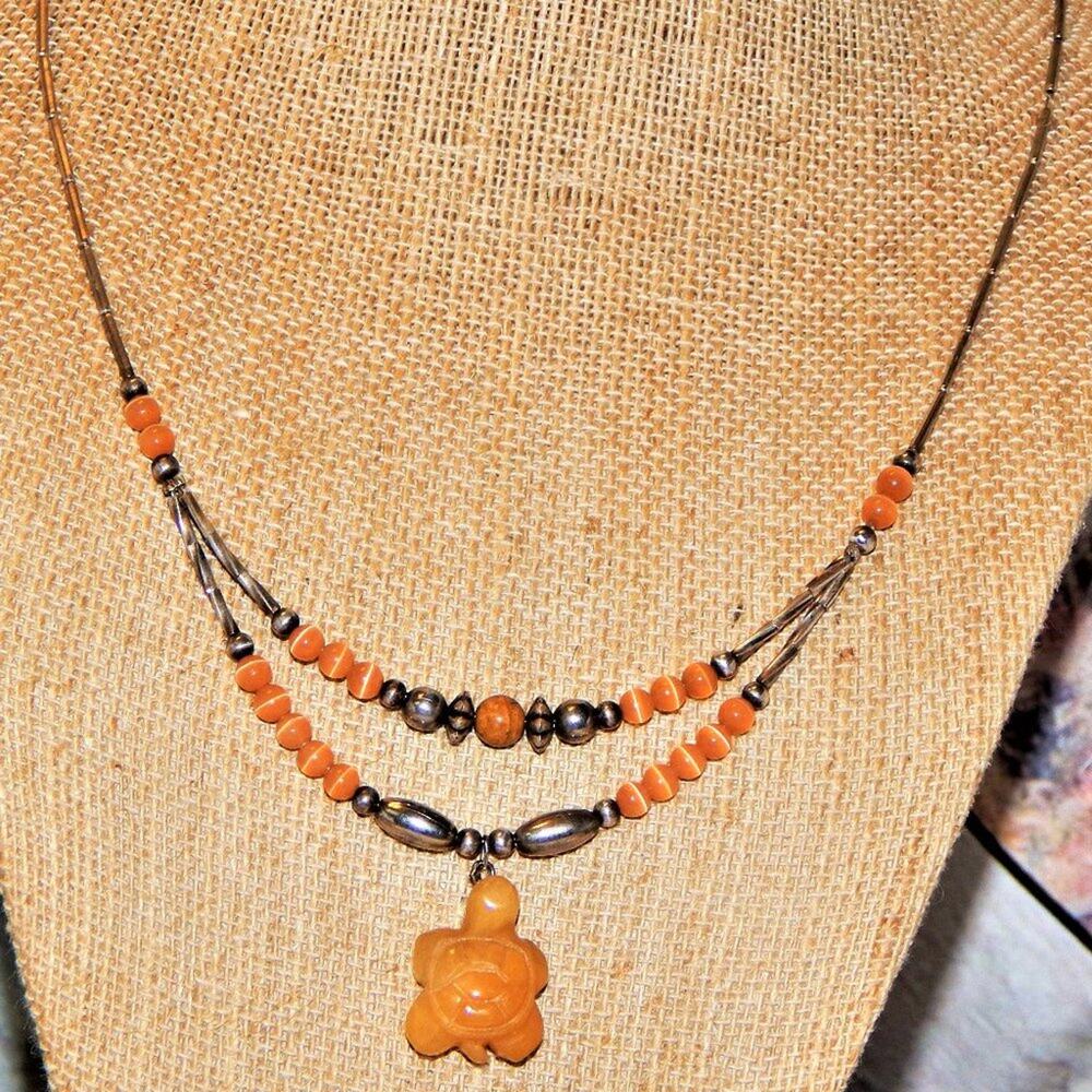 Vintage Silver Cat's Eye, Picture Jasper & Carved Honey Jade Turtle Necklace